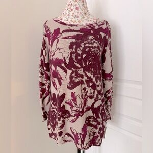 Soft surroundings tunic length waffle knit magenta and cream floral top sz‎ M